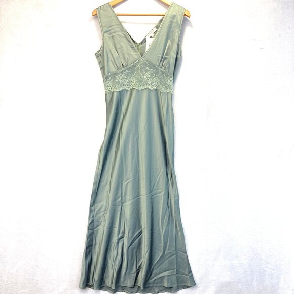 NWT Morrisday Satin Slip Maxi Dress Womens Medium Sage Green Lace Gown Formal - Picture 1 of 15